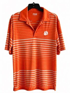 PING Orange and White Striped Polo with Paw Emblem